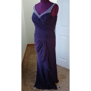 La Perle Aubergine Beaded Sweetheart Maxi Gown 16 slight train leg slit formal